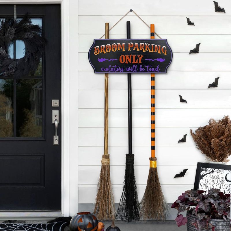 Photo 1 of ORIENTAL CHERRY Halloween Decorations - Halloween Decor - Broom Parking Sign with 3 Wooden Witches Brooms - Hocus Pocus Cute Decoration for Front Porch Wall Decor Home Office Indoor
