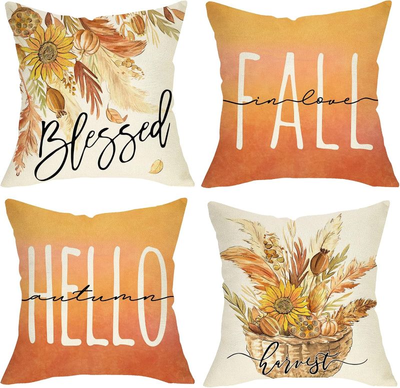 Photo 1 of Fall in Love Hello Autumn Decorative Throw Pillow Cover 16 x 16 Set of 4, Blessed Harvest Wheat Sunflower Orange Porch Outdoor Home Decor, Pumpkin Thanksgiving Farmhouse Couch Cushion Case
