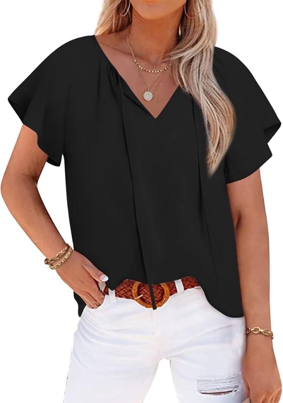 Photo 1 of Anydoll Women's 2024 Summer Blouse Black Casual Short Sleeve Tops V-Neck Business Work Chiffon Shirt Large