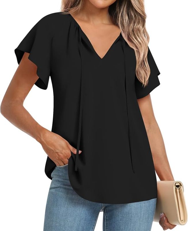 Photo 1 of Anydoll Women's 2024 Summer Blouse Black Casual Short Sleeve Tops V-Neck Business Work Chiffon Shirt Large