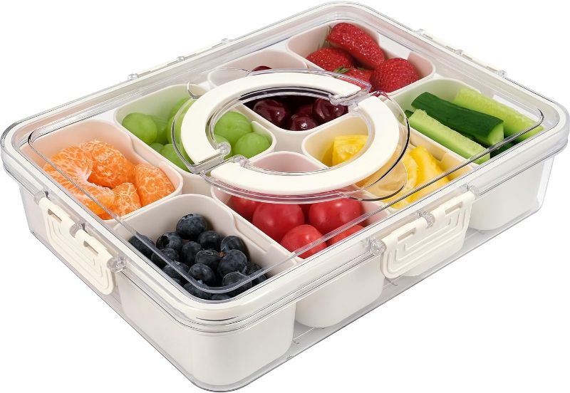 Photo 1 of Divided Serving Tray with Lid and Handle, Portable Snack Containers Snackle Box Snack Tray with Lid, Veggie Tray Charcuterie Boxes Fruit Tray Candy Organizer (8 Compartments)
