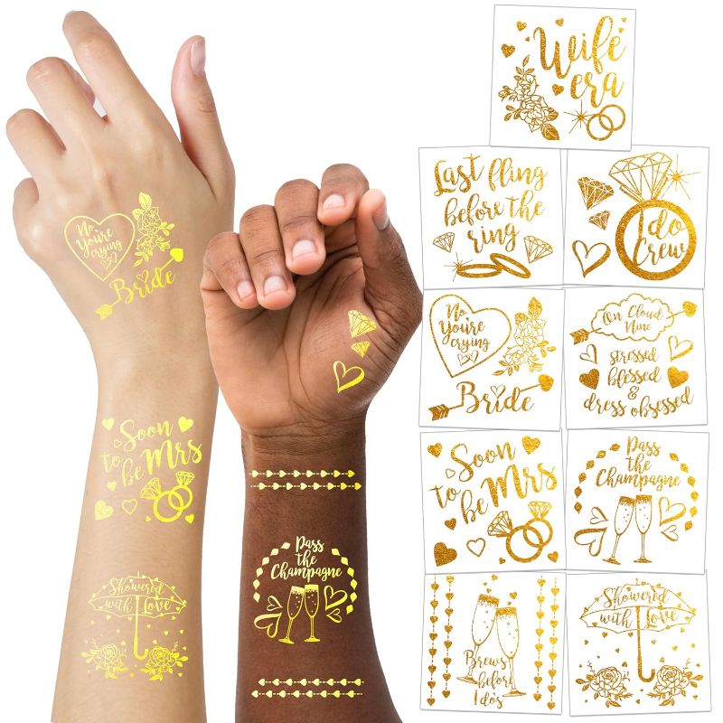 Photo 1 of Cheerland 108 pcs Gold Metallic Bachelorette Temporary Tattoos, Stickers for Girls Bridal Shower Party Wedding, Cheers Roses Ring, Pass the Champagne, Bridesmaid Favor Bride To Be Party Supplies
