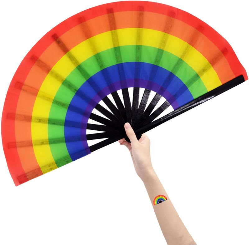 Photo 1 of Amajiji Large Folding Hand Rave Fan for Women/Men, Chinease/Japanese Bamboo and Nylon-Cloth Folding Hand Fan, Hand Fan Festival Fan Gift Fan Craft Fan Folding Fan Dance Fan (Rainbow)
