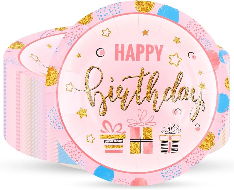 Photo 1 of 48 Count Disposable Paper Plates, 7 inches Pink Happy Birthday Dessert Plates, Biodegradable Supplies Plates for Girls and Women Birthday, Cocktail Party, Holiday (Pink)
