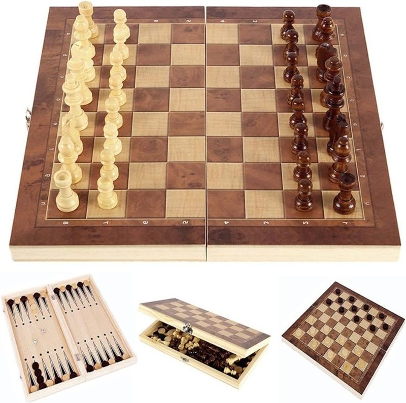 Photo 1 of Chess Set?Folding Storage Wooden Chess Board Sets?3 in 1 Chess Board Game for Adults and Kids ?Chess?Backgammon?Checkers??Exquisite Wooden Chess Set
