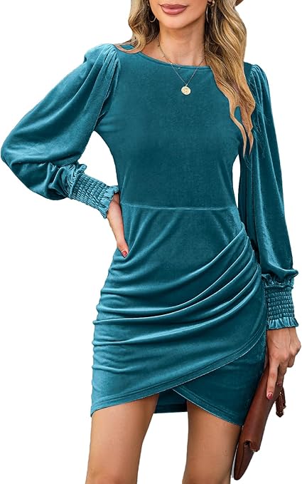 Photo 1 of YIJIU Women Long Sleeve Velvet Dress Crew Neck Slim Fit Short Ruched Bodycon Cocktail Party Club Mini Dresses size m 