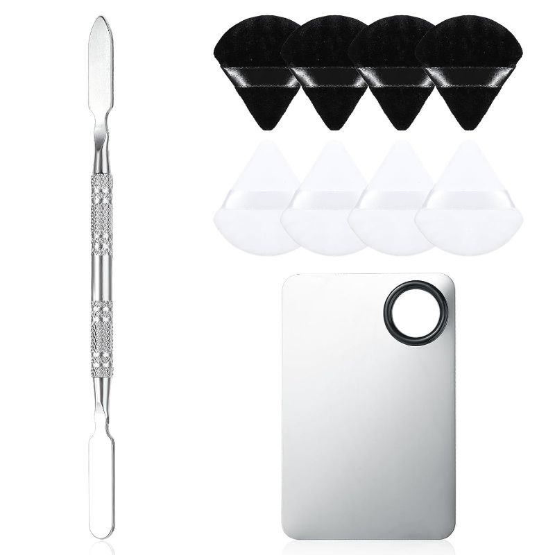Photo 1 of AHQiZFX 10-in-1 Makeup Spatula and Powder Puff Set with Professional Cosmetic Palette Triangle Puff for Eye Shadow Spatula Facial Cosmetic Makeup Tool for Eyelashe Body