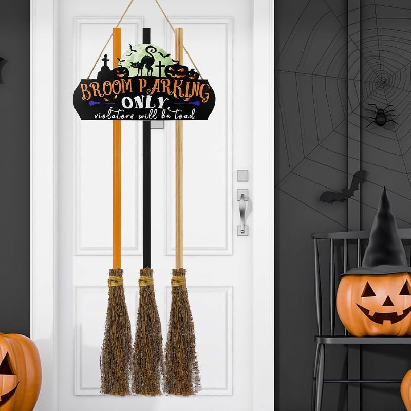 Photo 1 of Halloween Decorations Indoor & Outdoor - Witch Broom Parking Sign with 3 Wood Brooms - Hanging Hocus Pocus Decor - Cute Halloween Decor for Front Porch Door Wall Home Office

