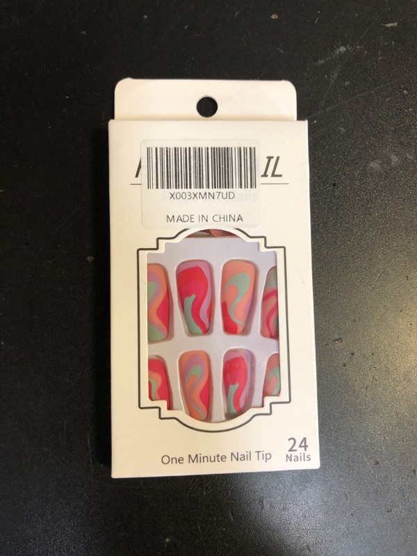 Photo 1 of 24 Pcs Square Press on Nails Medium Fake Nails Acrylic Nails Glossy Glue on Nails Full Cover Colour Stripe Press on Nails with Design False Nails for Women French Manicure
