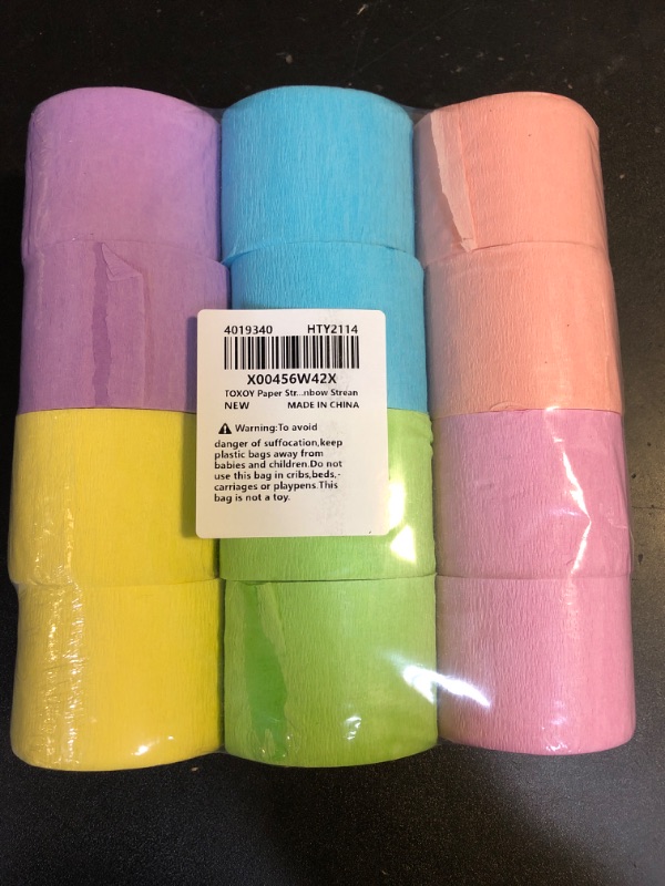 View 2 of TOXOY Crepe Paper Streamers 12 Rolls 984ft, Party Streamers Pack of 6 Pastel Colors Crepe Paper for Wedding Birthday Party Art Paper Crafts 1.8 Inch x 82 Ft/Roll