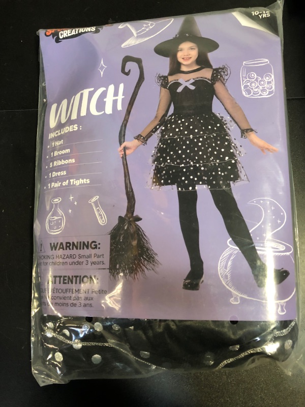 Photo 2 of Spooktacular Creations Kids Witch Costume, Halloween Costume Witch Dress with Broom Hat Tights for Girls Glittery for Halloween Role Play Parties, Black (Large(10-12 yrs))