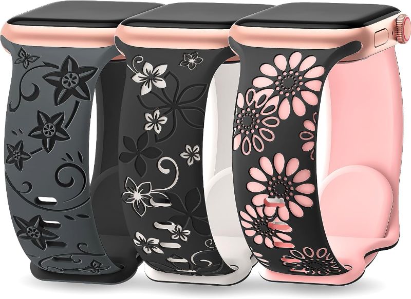 Photo 1 of  EOMTAM 3 Pack Floral Engraved Silicone Band Compatible for Apple Watch Band Women 38mm 40mm 41mm 42mm 44mm 45mm 49mm, Cute Flower Sport Strap