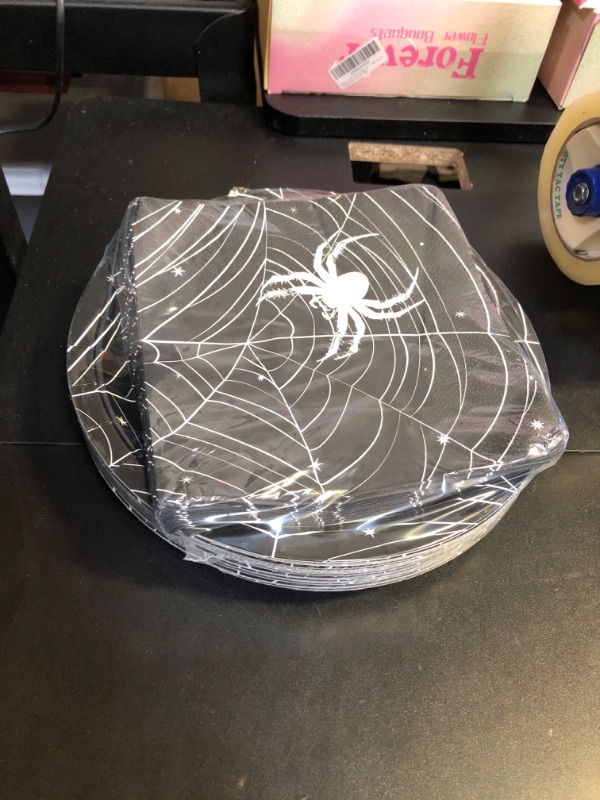 Photo 2 of ZVK Spider Web Paper Plates and Napkins Set 60 Pieces for Halloween Black Cobweb Party Plates Paper Napkins Disposable Tableware Party Supplies Table Decorations