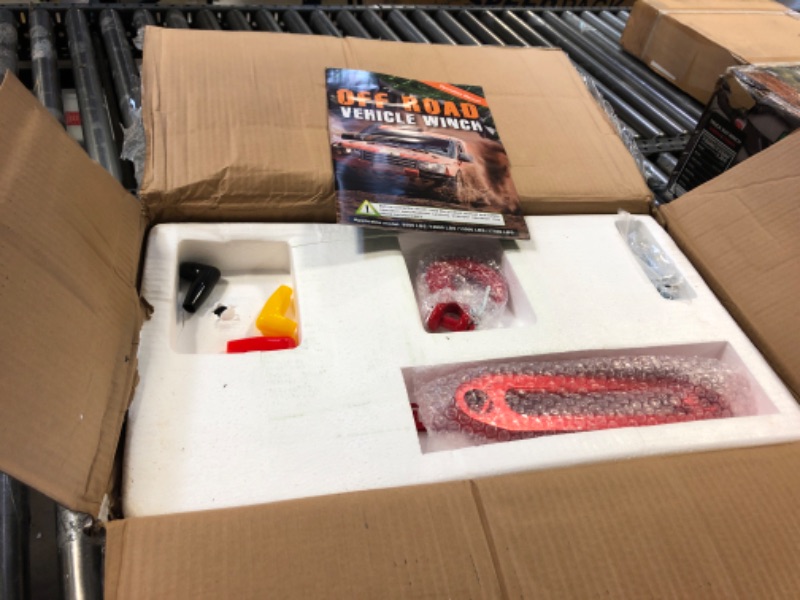 Photo 1 of RUGCEL 13500lb Waterproof Electric Red Synthetic Rope Winch with Hawse Fairlead, Wired Handle and 2 Infrared Remote(13500LB RED)