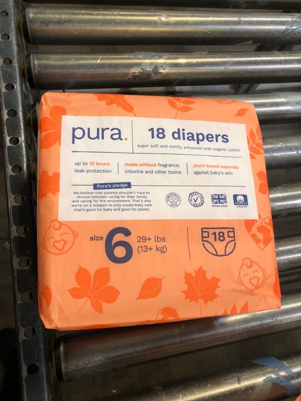 Photo 2 of Pura Size 6 Eco-Friendly Diapers (29+ lbs) Totally Chlorine Free (TCF) Hypoallergenic, Soft Organic Cotton, Sustainable, up to 12 Hours Leak Protection, Allergy UK, 1 Packs of 18 Diapers