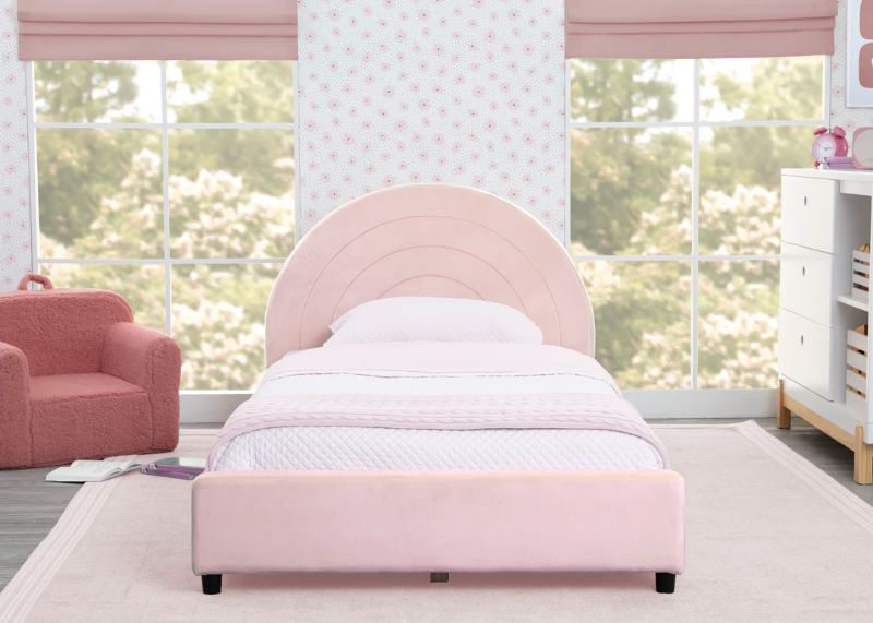 Photo 1 of Delta Children Upholstered Twin Size Bed with Round Headboard, Premium Wood Slat Support, No Box Spring Needed, Easy Assembly, Pink/Velvet Quilted