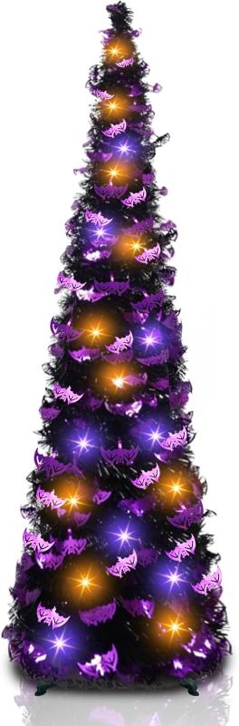 Photo 1 of 5 FT Halloween Tinsel Tree, Black Halloween Pop Up Christmas Tree Artificial Collapsible Halloween Pencil Trees with Orange and Purple Lights for Party Door Porch Home Holiday Decorations