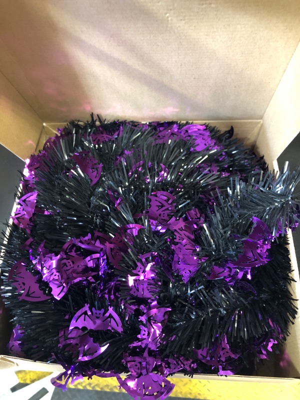 Photo 2 of 5 FT Halloween Tinsel Tree, Black Halloween Pop Up Christmas Tree Artificial Collapsible Halloween Pencil Trees with Orange and Purple Lights for Party Door Porch Home Holiday Decorations