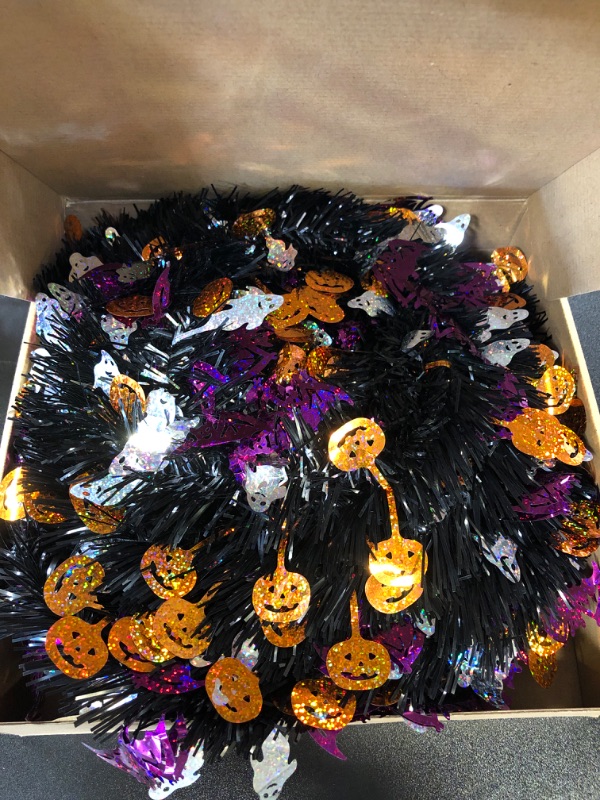 Photo 2 of 5 FT Black Tinsel Halloween Tree, Pop Up Halloween Christmas Tree Artificial Collapsible Halloween Pencil Trees with 60 LED Orange and Purple Lights for Party Door Porch Home Decorations