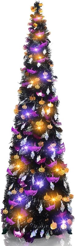 Photo 1 of 5 FT Black Tinsel Halloween Tree, Pop Up Halloween Christmas Tree Artificial Collapsible Halloween Pencil Trees with 60 LED Orange and Purple Lights for Party Door Porch Home Decorations