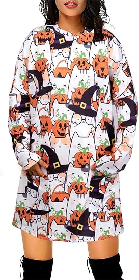 Photo 1 of Halloween Sweatshirt Women Funny Pumpkin Black Cat Spooky Graphic Tops Long Sleeve Pocket Vintage Oversized Pullover, XXL
