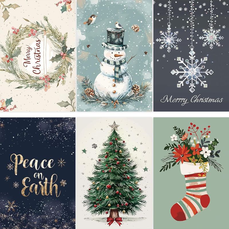 Photo 1 of 24 Christmas Cards, 6 Classic Watercolor Art Designs Merry Christmas Cards with Envelopes & Stickers, New Years Greeting Cards Bulk, 5x7 Inches
