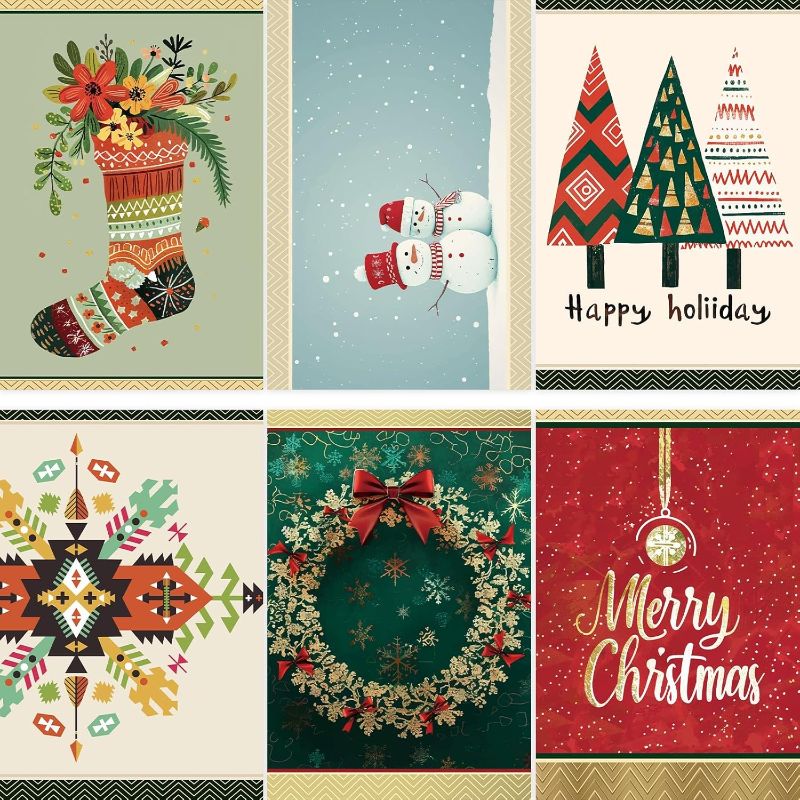 Photo 1 of 24 Christmas Cards, 6 Elegant Icon Designs Merry Christmas Cards with Envelopes & Stickers, New Years Greeting Cards Bulk, 5x7 Inches
