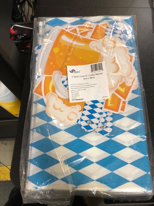 Photo 2 of Oojami 3 pc Oktoberfest Table Cover Large Tablecloth for 8 Chairs Table & Oktoberfest Letter Banner Value Party Pack