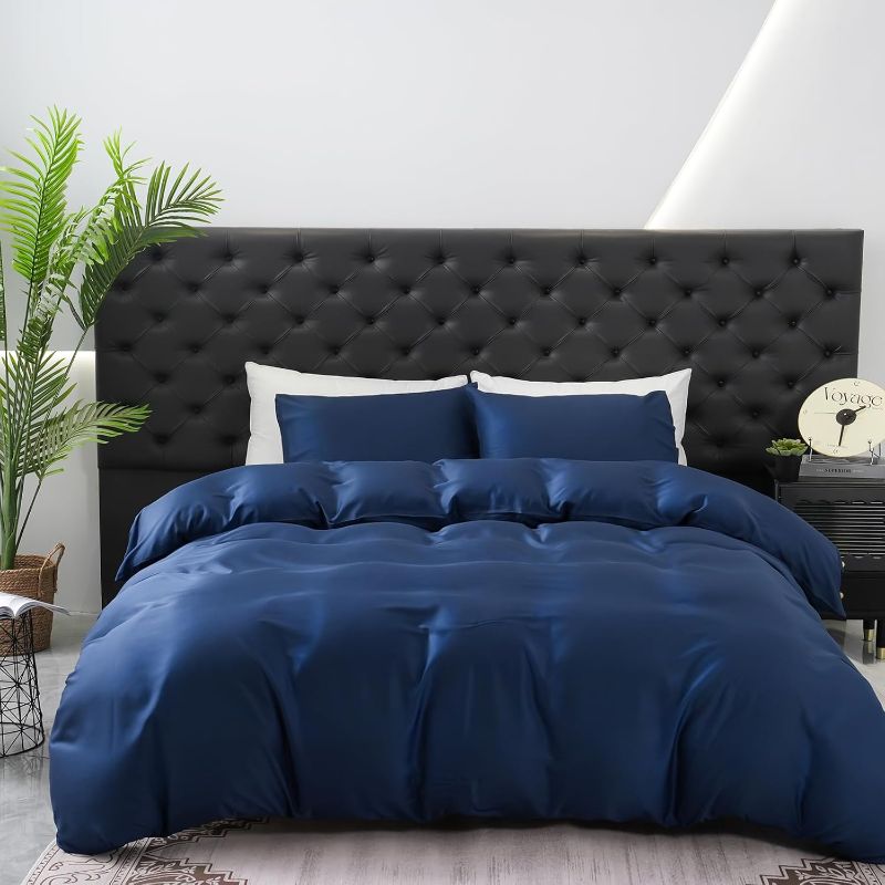 Photo 1 of (BAGGED) 100% Cooling Duvet Cover King Rayon Derived from Bamboo Comforter Cover Cooling for Hot Sleepers Moisture Wicking with Corner Ties Zipper Closure?King?Navy Blue?
