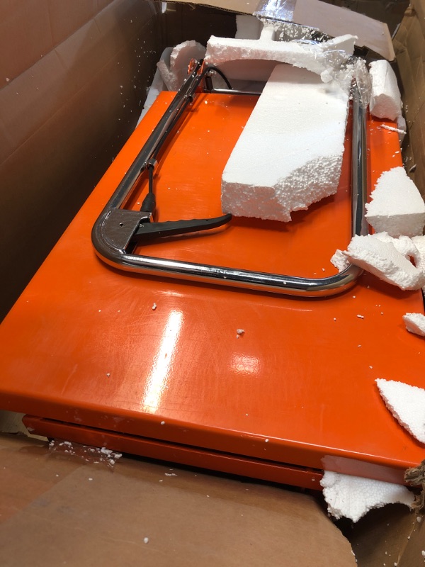 Photo 1 of VEVOR Hydraulic Lift Table Cart, 330lbs Capacity 28.5" Lifting Height, Manual Single Scissor Lift Table with 4 Wheels and Non-Slip Pad, Hydraulic Scissor Cart for Material Handling and Transportation