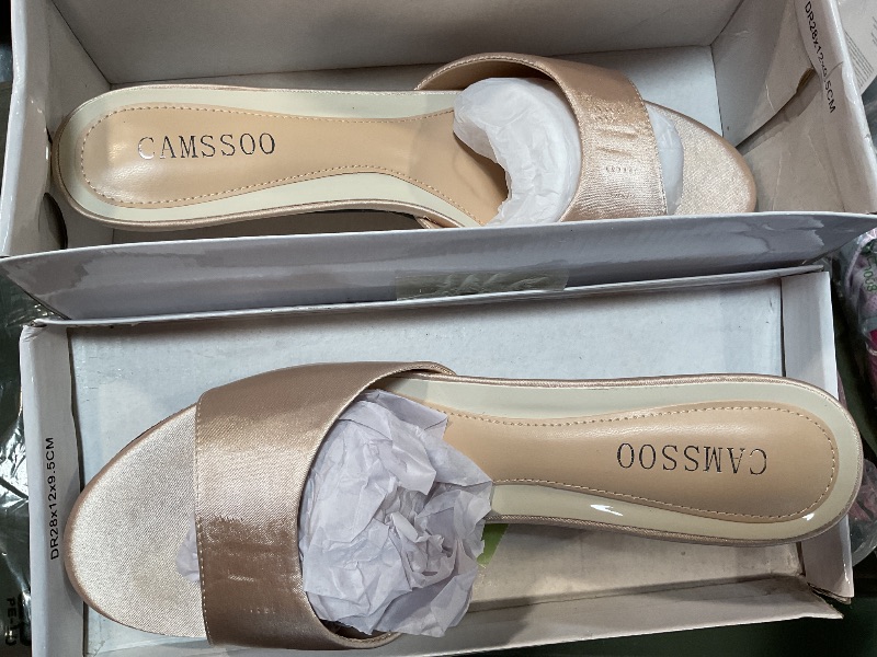 Photo 1 of CAMSSOO Women's Satin Kitten Heels Mules Sandals Slip On Bowknot Open Toe Backless Dress Sexy Low Heeled Slipper Slides Champagne Size US9.5 EUR43
