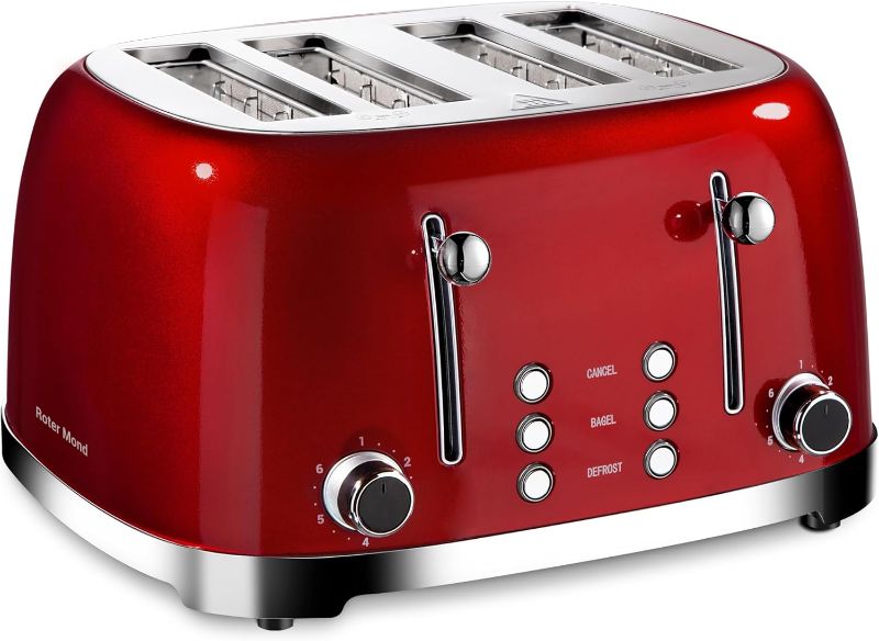 Photo 1 of 4 Slice Toaster Retro Stainless Steel with Bagel Defrost Cancel Function, 6 Browning Settings, Extre Wide Slot and Removable Crumb Tray, Red, ST033
