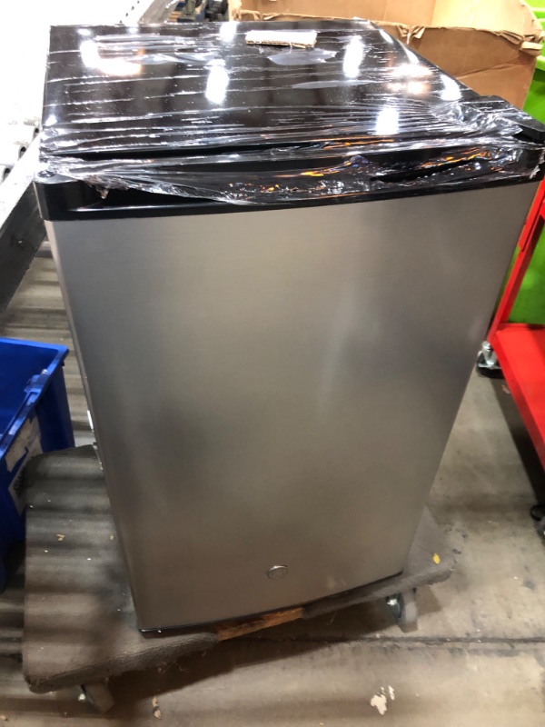 Photo 1 of GE Mini Fridge With Freezer | 4.4 Cubic Ft. | Single-Door Design With Glass Shelves, In-Door Can Rack & Small Freezer | Small Refrigerator Perfect for the Garage, Dorm Room, or Bedroom | Clean Steel