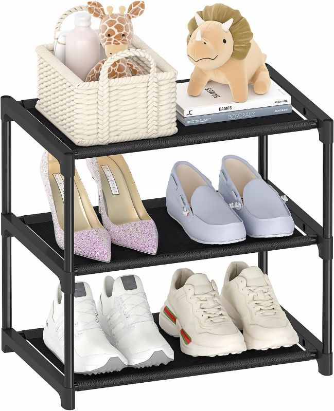 Photo 1 of 3 Tier Small Shoe Rack, Narrow Stackable Kids Toddler Adult Shoe Storage Organizer Shelf for Closet Floor Front Door Entrance Entryway, Free Standing Shoe Rack Organization Shelves