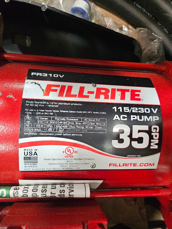 Photo 1 of Fill-Rite FR310VB 115V/230V 35 GPM Fuel Transfer Pump w/Discharge Hose & Automatic Nozzle (Red)