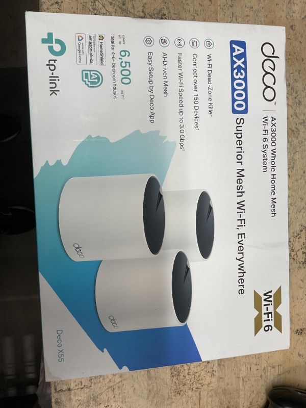 Photo 1 of TP-Link Deco AX3000 WiFi 6 Mesh System(Deco X55) - Covers up to 6500 Sq.Ft. , Replaces Wireless Router and Extender, 3 Gigabit ports per unit, supports Ethernet Backhaul (3-pack)