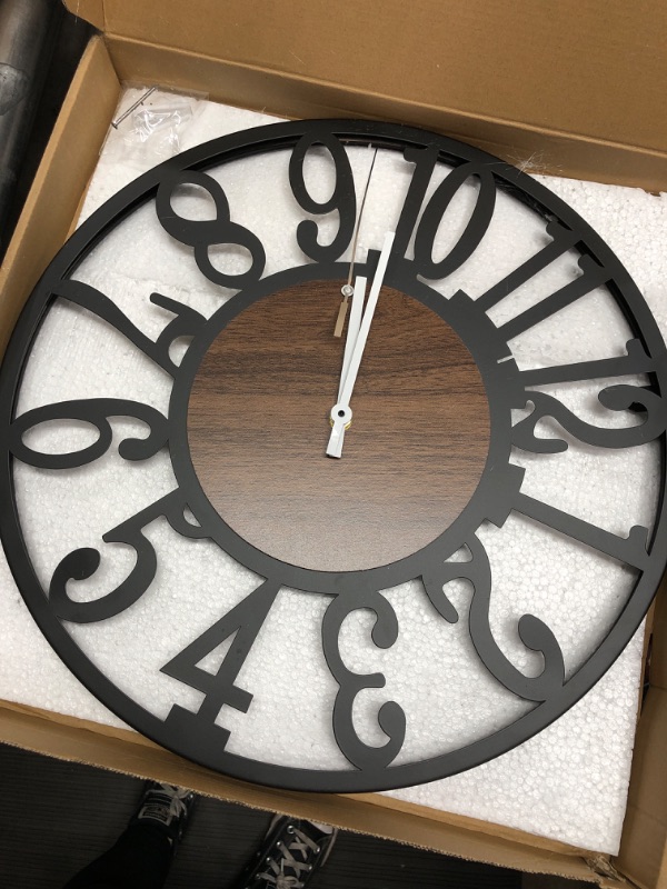 Photo 1 of 1st owned Wall Clock for Living Room -16" Silent Non Ticking,Battery Operated,Black Metal, Antique Wood Clocks for Farmhouse,Dining Room,Bedroom,Kitchen Clock Wall Decor- Arabic Numerals