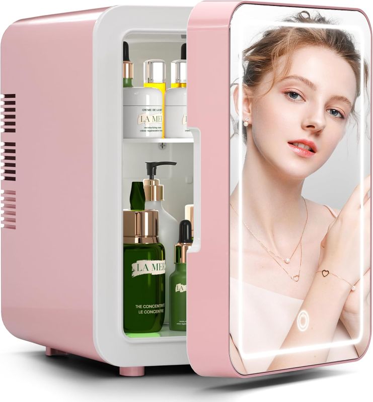 Photo 1 of BOGDA Mini Skincare Fridge (4 Liter/6 Can) with Dimmable LED Light Mirror, Cooler and Warmer for Refrigerating Make Up, Skin Care and Food, Portable Mini Fridge for Bedroom, Office and Car, Pink
