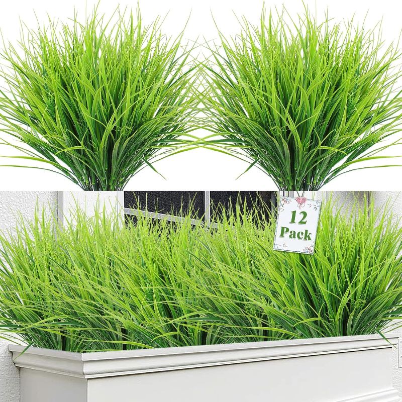 Photo 1 of 12 Bundles Artificial Plants Fake Wheat Grass UV Resistant Faux Plastic Greenery Shrubs Fake Grass Plant Bushes Artificial Green Stem Plants Bulk for Outdoor Garden Porch Window Box Decor
