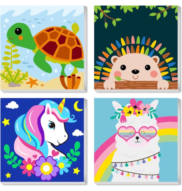 Photo 1 of 4 Pack Paint by Numbers for Kids Ages 8-12 with Frame, Cartoon Paint by Number Kits on Canvas for Adults Beginners, Easy Acrylic Watercolor Paint by Numbers for Wall Decor Present(8 * 8in)