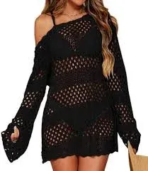 Photo 1 of Adisputent Womens Swimsuit Cover Ups Crochet Backless Cover up Dress Plus Size Long Sleeve Bathing suit Swim Beach Coverups Black L