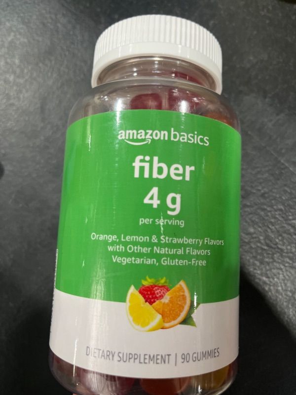 Photo 1 of Amazon Basics (previously Solimo) Fiber 4g Gummy - Digestive Health, Supports Regularity, Orange, Lemon & Strawberry, 90 Gummies (2 per Serving)