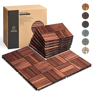 Photo 1 of 10 Pcs Interlocking Deck Tiles 12" x 12", Patio Flooring Outdoor Waterproof, Acacia Wood Tiles All Weather, Floor Tiles for Balcony, Backyard, Indoor and Outdoor use… (Dark Brown)