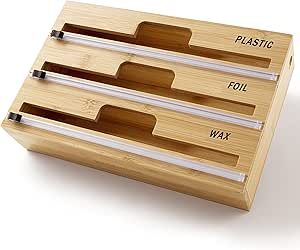 Photo 1 of 3 in 1 Wooden Wrap Dispenser with Cutter and Labels, Kitchen Drawer Organizer for Foil and Plastic Film, Wall Mount Dispenser for Cling Film, Aluminum Foil, Wax Paper (3-in-1)