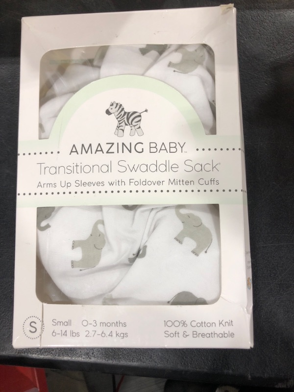 Photo 2 of Amazing Baby Transitional Swaddle Sack with Arms Up Half-Length Sleeves and Mitten Cuffs, Small, 0-3 months, 6-14 lbs, Tiny Elephants, Sterling (Arms Up Swaddle, Transition Swaddle Sleep Sack)