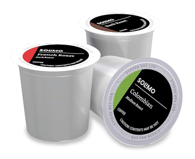 Photo 1 of Amazon Brand - Solimo Coffee Pods, Assorted pack (French, Dark, Colombian), Compatible with Keurig 2.0 K-Cup Brewers, 100 Count BB 04.03.26