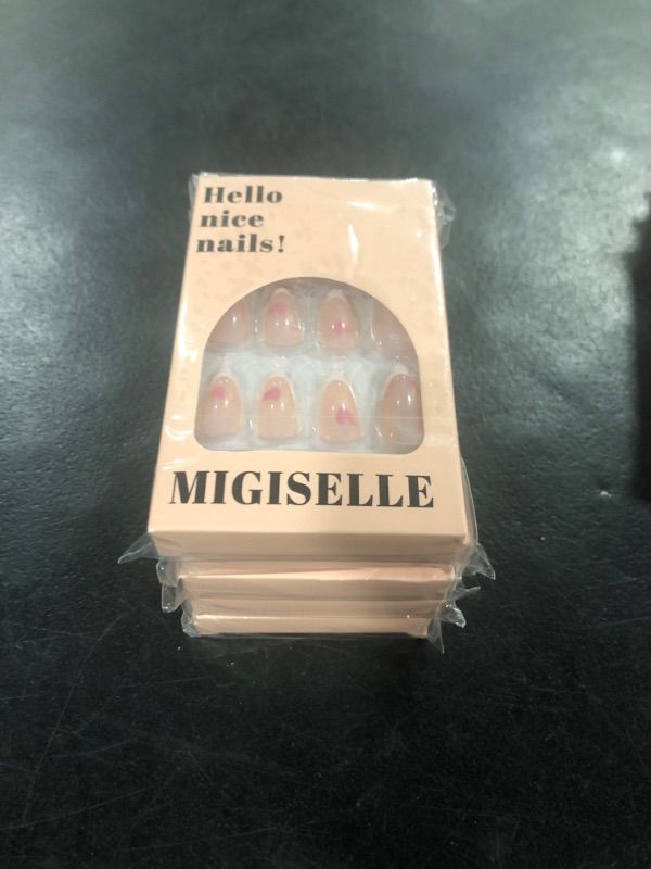 Photo 1 of 24 Pcs French Square Almond Press On Nails Medium Length for Women Girl Glue On Nails False Nails Acrylic Nail Fake Nails (Pink Heart)