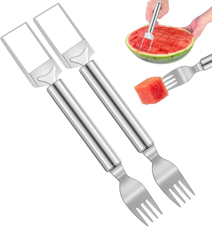 Photo 1 of 2 PACK 2-in-1 Watermelon Cutter and Fork, 9.5 Inch Stainless Steel Fruit Cutter Slicer Tool