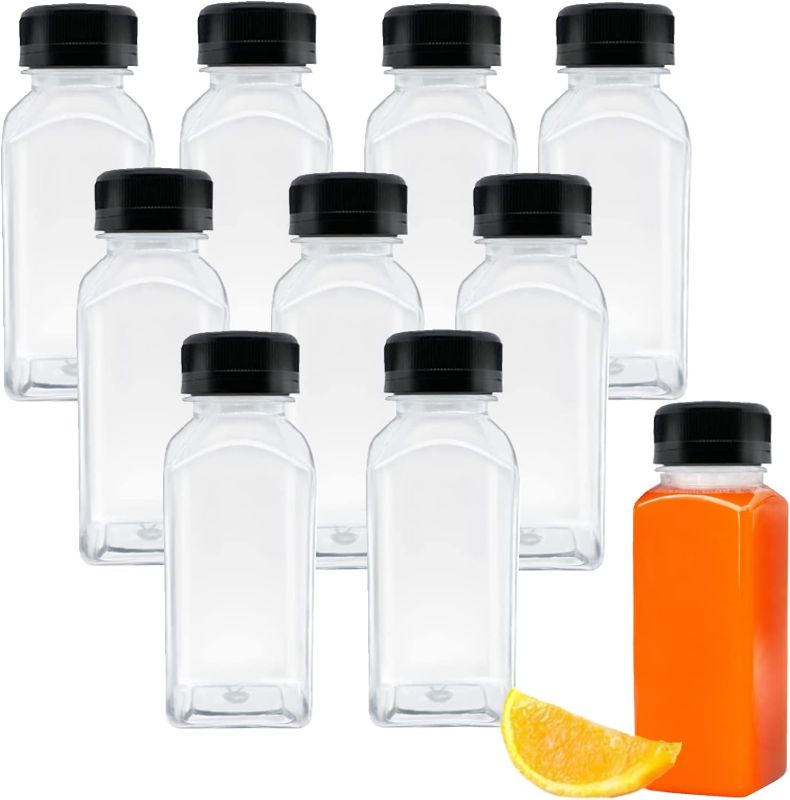 Photo 1 of 10 Pack Empty Plastic Juice Bottles, 8 Ounce Beverage Container Bottle with Black Tamper Evident Lid, Suitable for Juice, Smoothie and Homemade Beverages