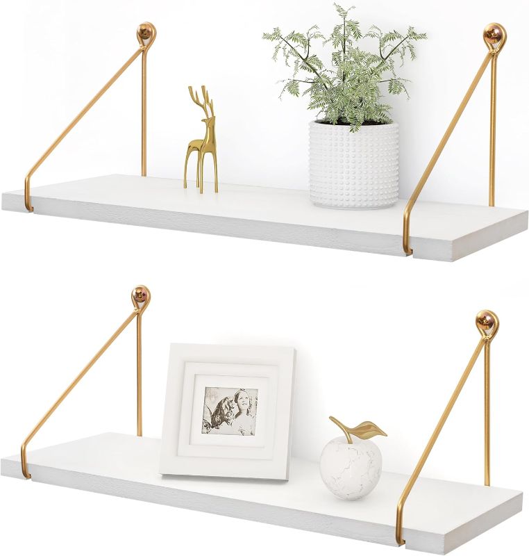 Photo 1 of  Floating Shelves for Wall, Metallic Gold White Wall Mounted Shelves, Wall Hanging Storage for Bathroom Kitchen Bedroom, Wood Metal Chic Wall Bookshelf, Set of 2
